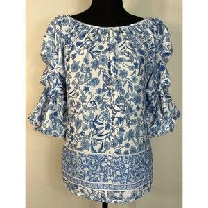 CeCe Blue White Floral Ruffle Sleeve Blouse Medium 8 10 Career Boho Top